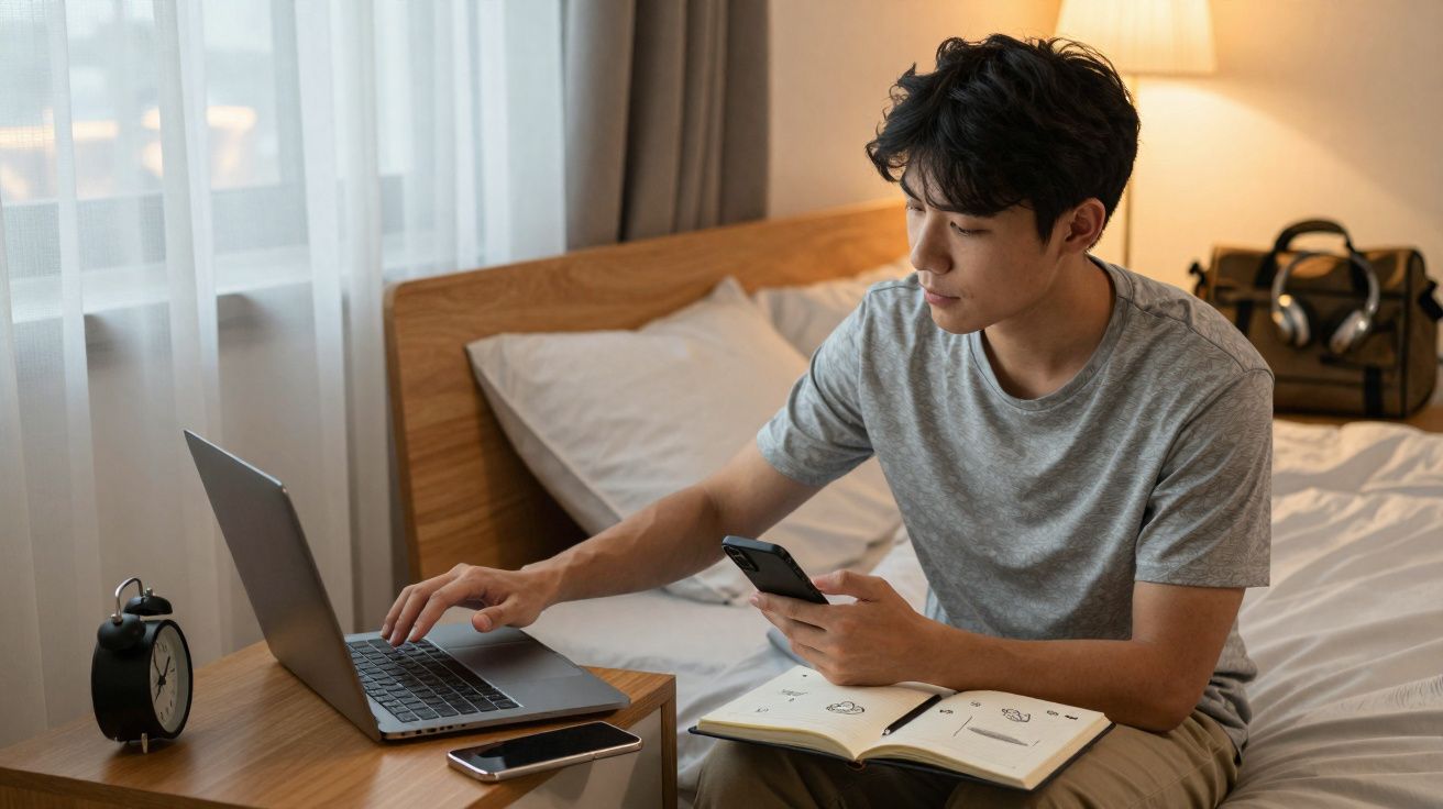Jeune homme assis sur un lit, travaillant sur un ordinateur portable avec un téléphone et un carnet à côté.