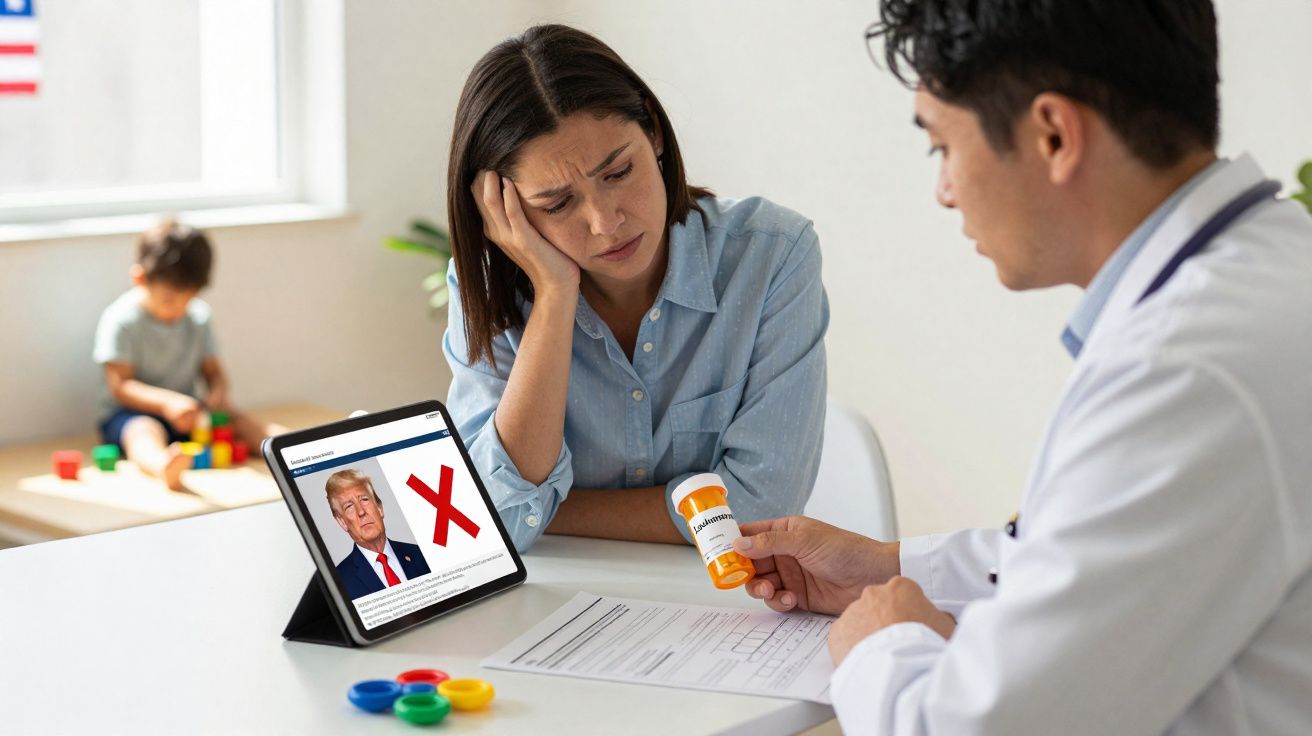 Femme inquiète consulte un médecin tenant un flacon de médicaments, tablette affichant une photo barrée d'un homme politique.