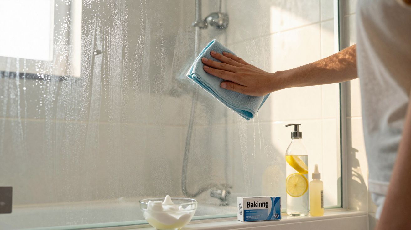 Main essuyant une porte de douche en verre avec un chiffon bleu, produits de nettoyage visibles.