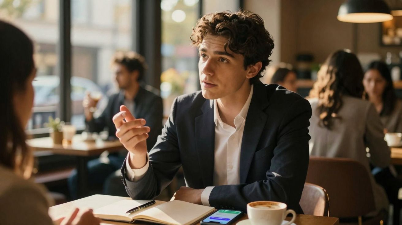 Homme en costume discutant sérieusement avec une femme dans un café, carnet et café sur la table.