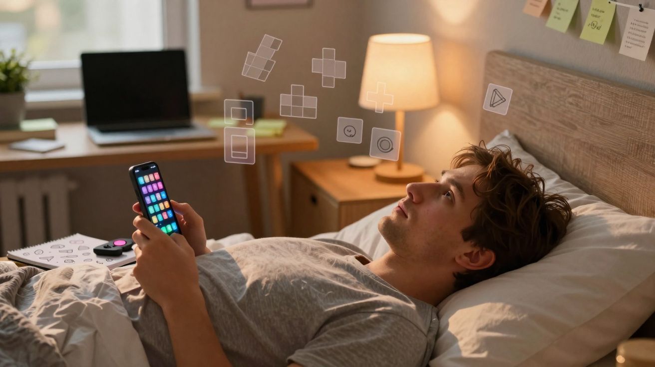 Jeune homme allongé dans son lit tenant un smartphone avec icônes d'applications en réalité augmentée.