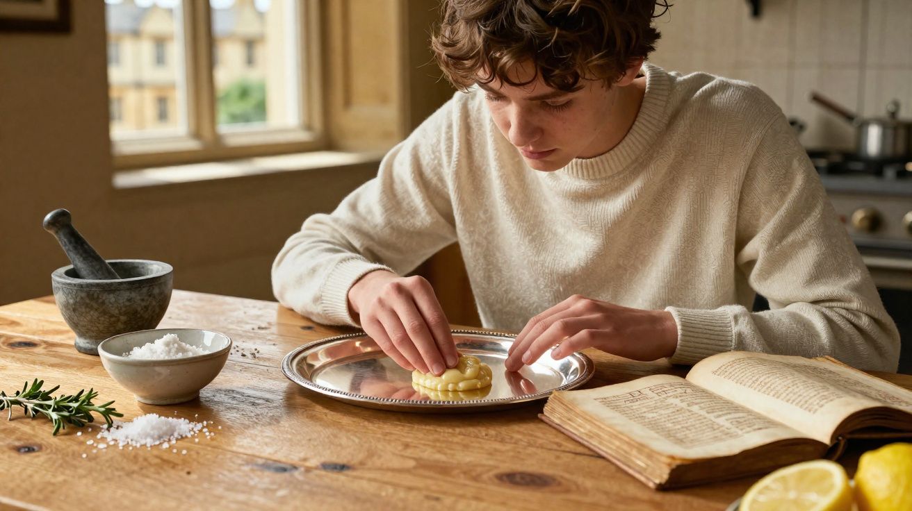 Jeune homme coiffant une brioche sur un plateau près d'un livre ancien et d'ingrédients culinaires sur une table en bois.