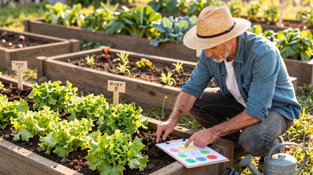 Homme âgé en chapeau travaillant dans un potager avec laitues et schéma sur planchette.