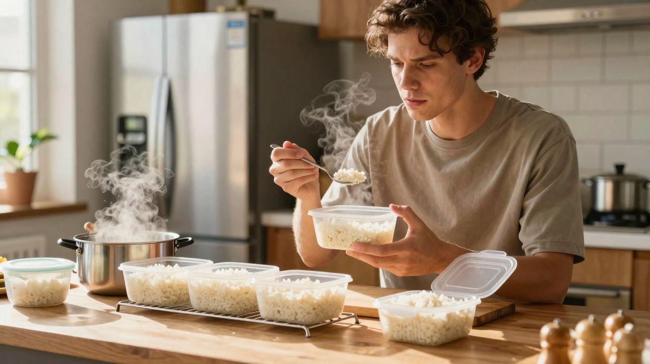 Un jeune homme prépare et portionne du riz chaud dans des boîtes plastiques en cuisine moderne.