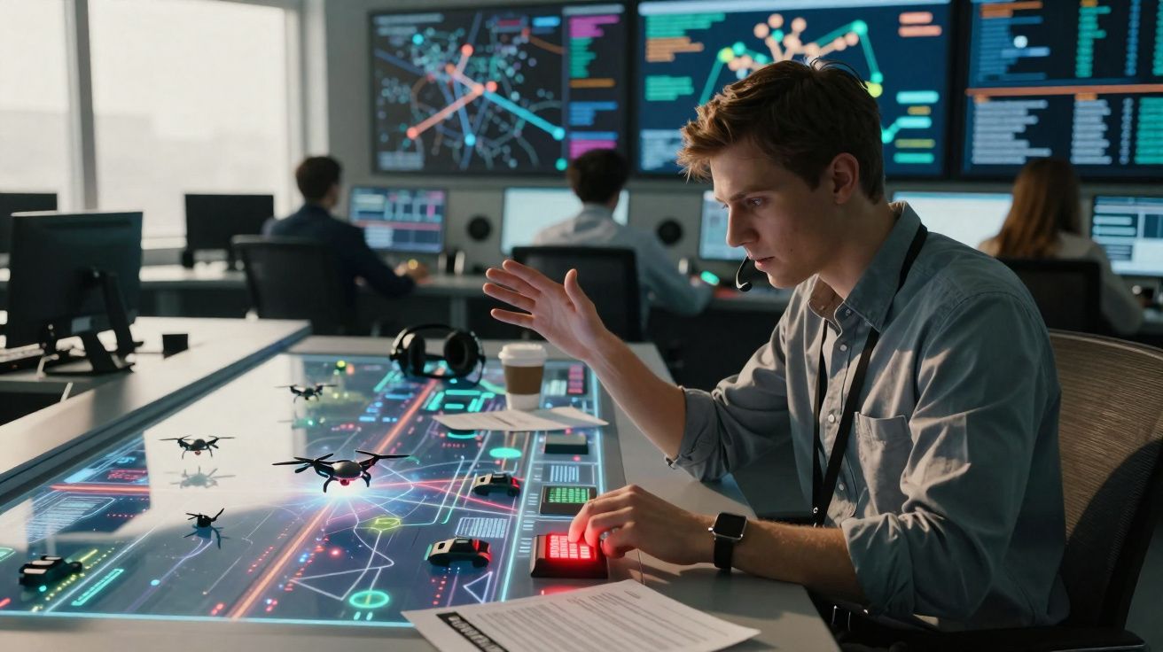 Jeune homme commandant des drones sur une table interactive en salle de contrôle technologique.