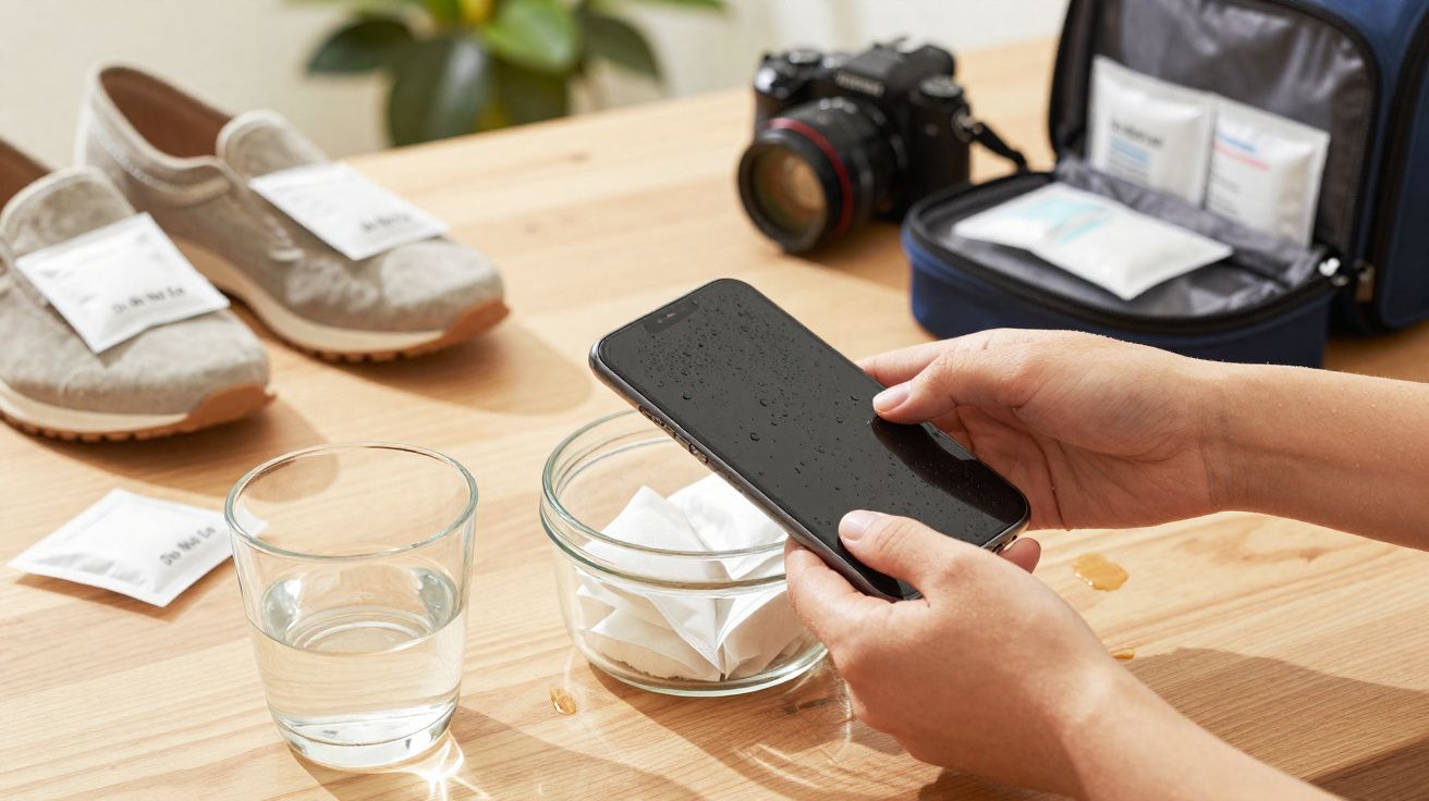 Mains tenant un smartphone mouillé, verre d'eau, chaussures, appareil photo et trousse de premiers soins sur une table en boi