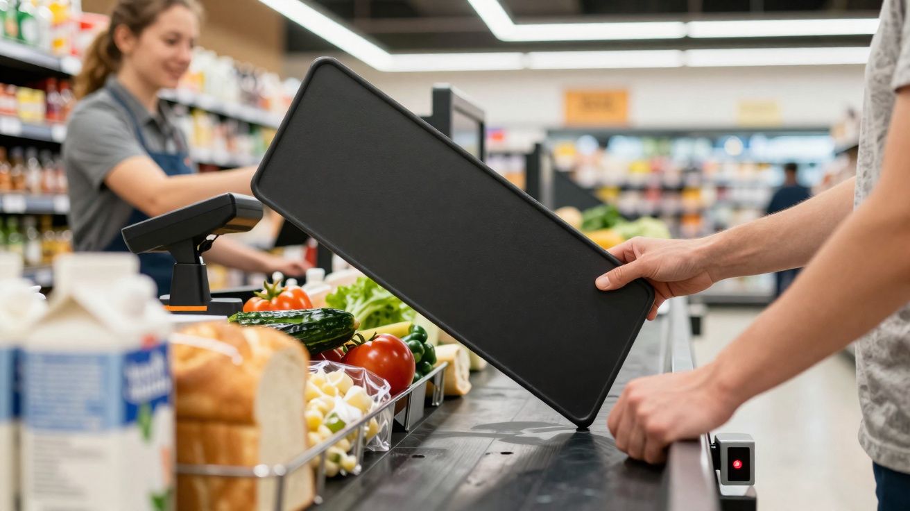 Client posant un plateau de courses avec légumes et pain sur le tapis de caisse au supermarché.