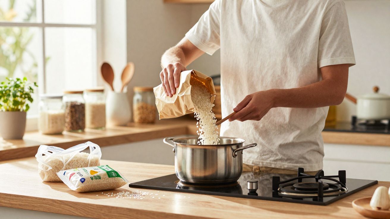 Personne versant du riz dans une casserole posée sur une table de cuisson dans une cuisine moderne.