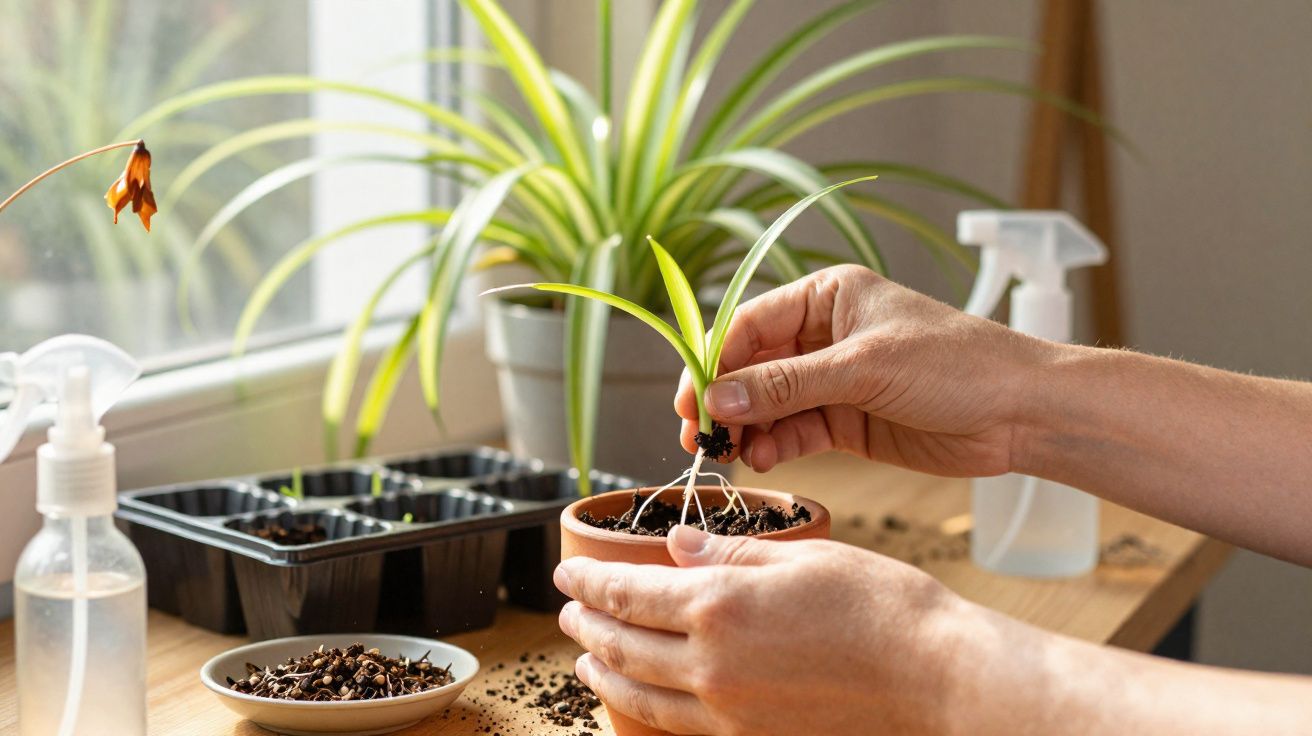Personne transplantant une jeune plante verte dans un pot en terre à côté d'outils de jardinage.