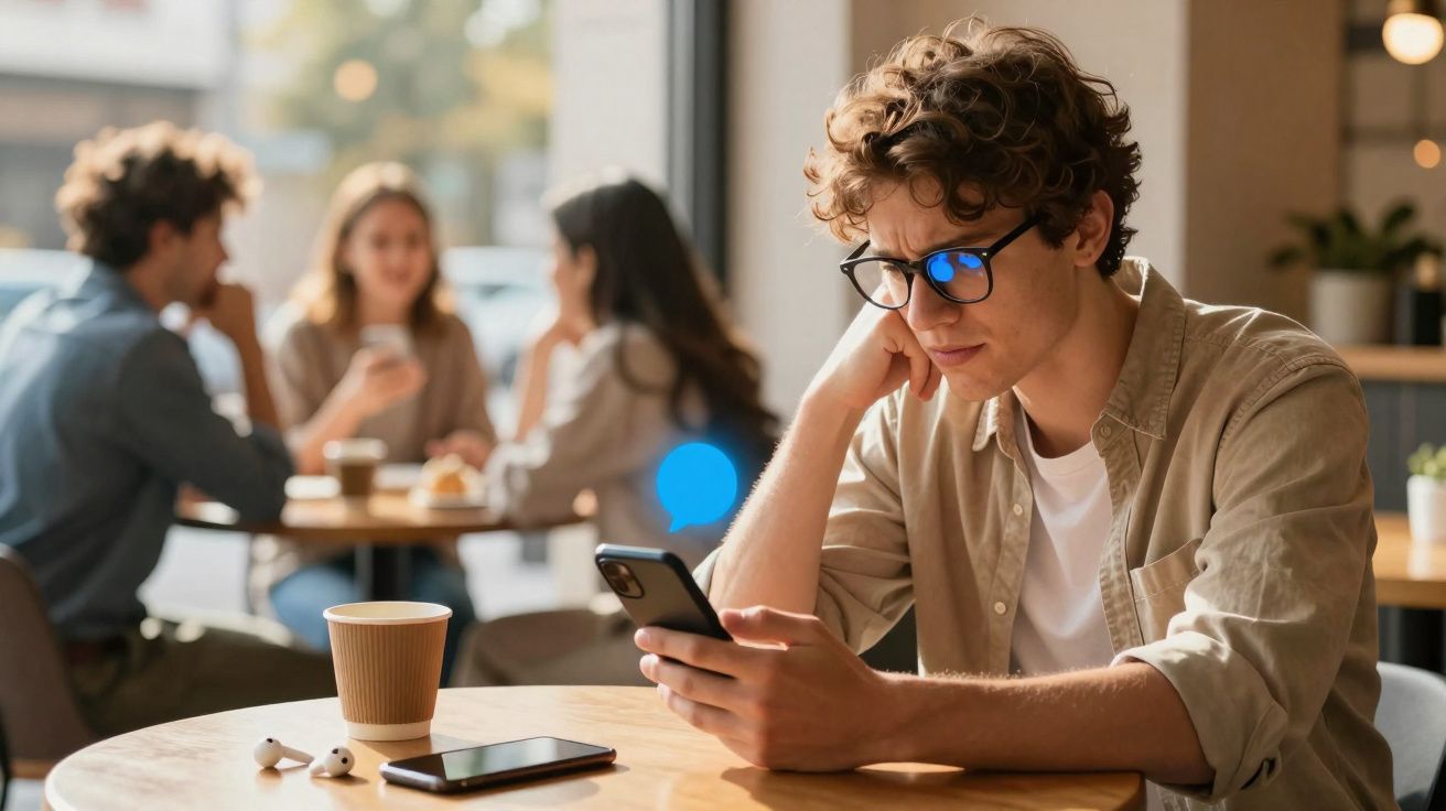 Jeune homme portant des lunettes consultent son smartphone dans un café avec des amis en arrière-plan.