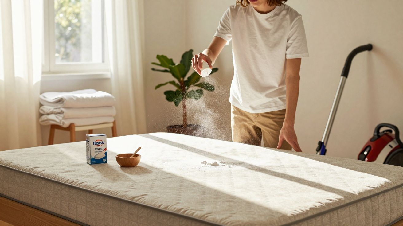 Personne saupoudrant une poudre blanche sur un matelas dans une chambre lumineuse.