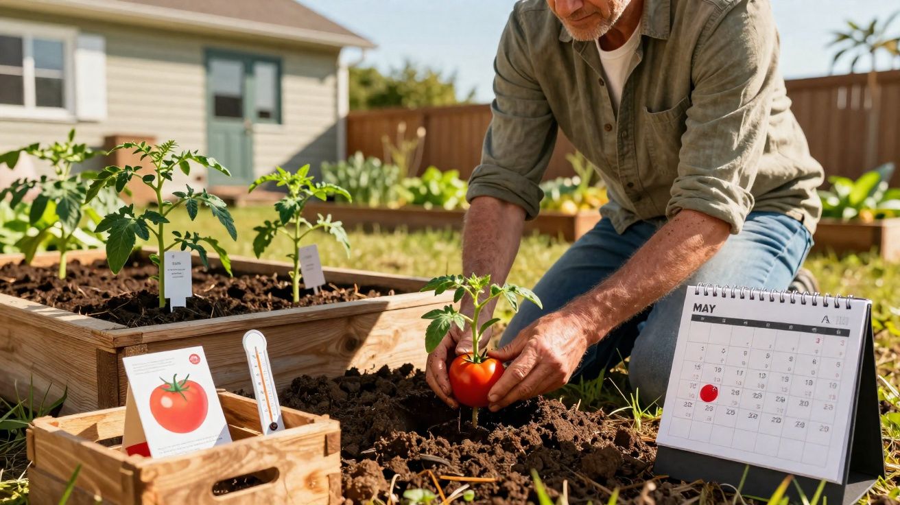 Homme plantant un jeune plant de tomate rouge dans un jardin avec calendrier marqué au mois de mai.
