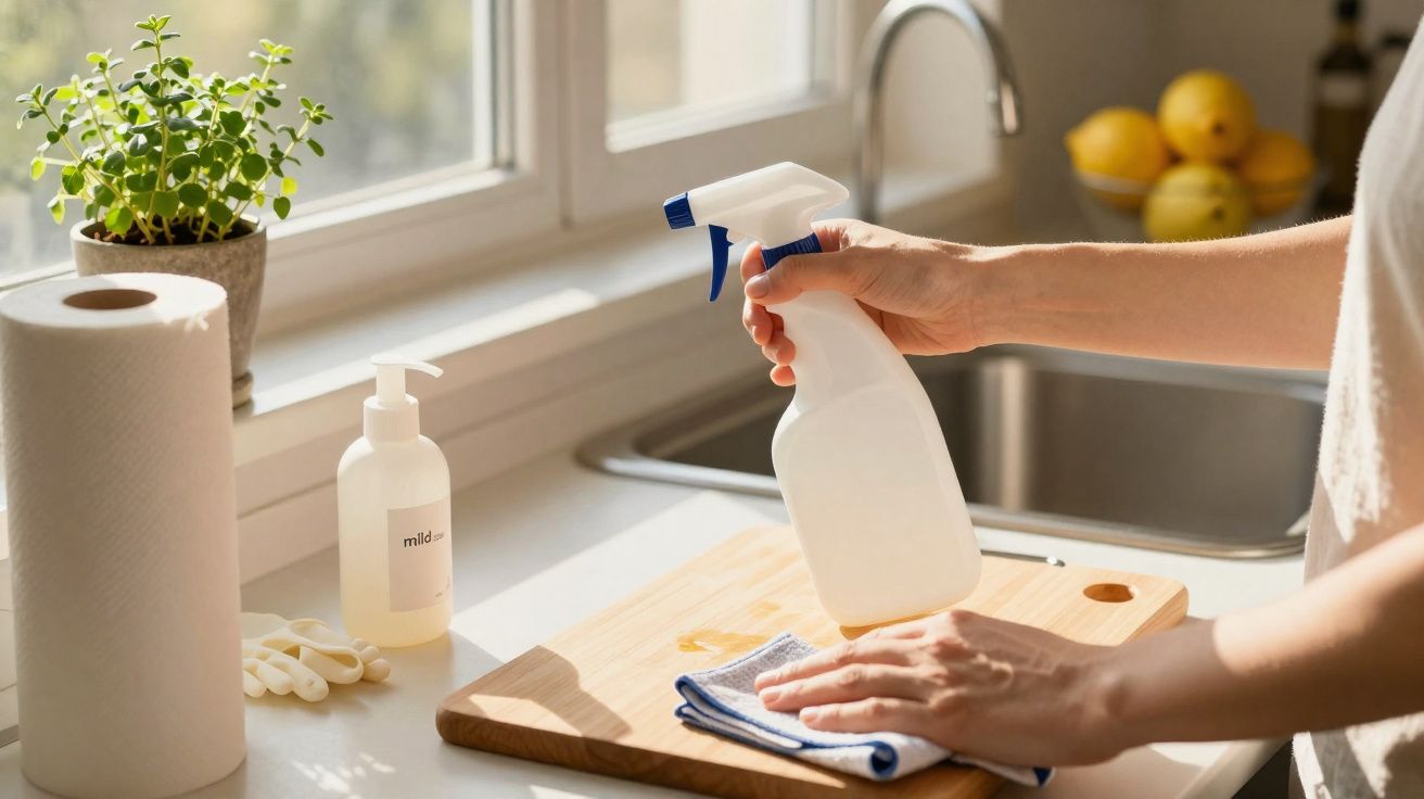 Une personne nettoie une planche à découper avec un spray et un chiffon dans une cuisine lumineuse.