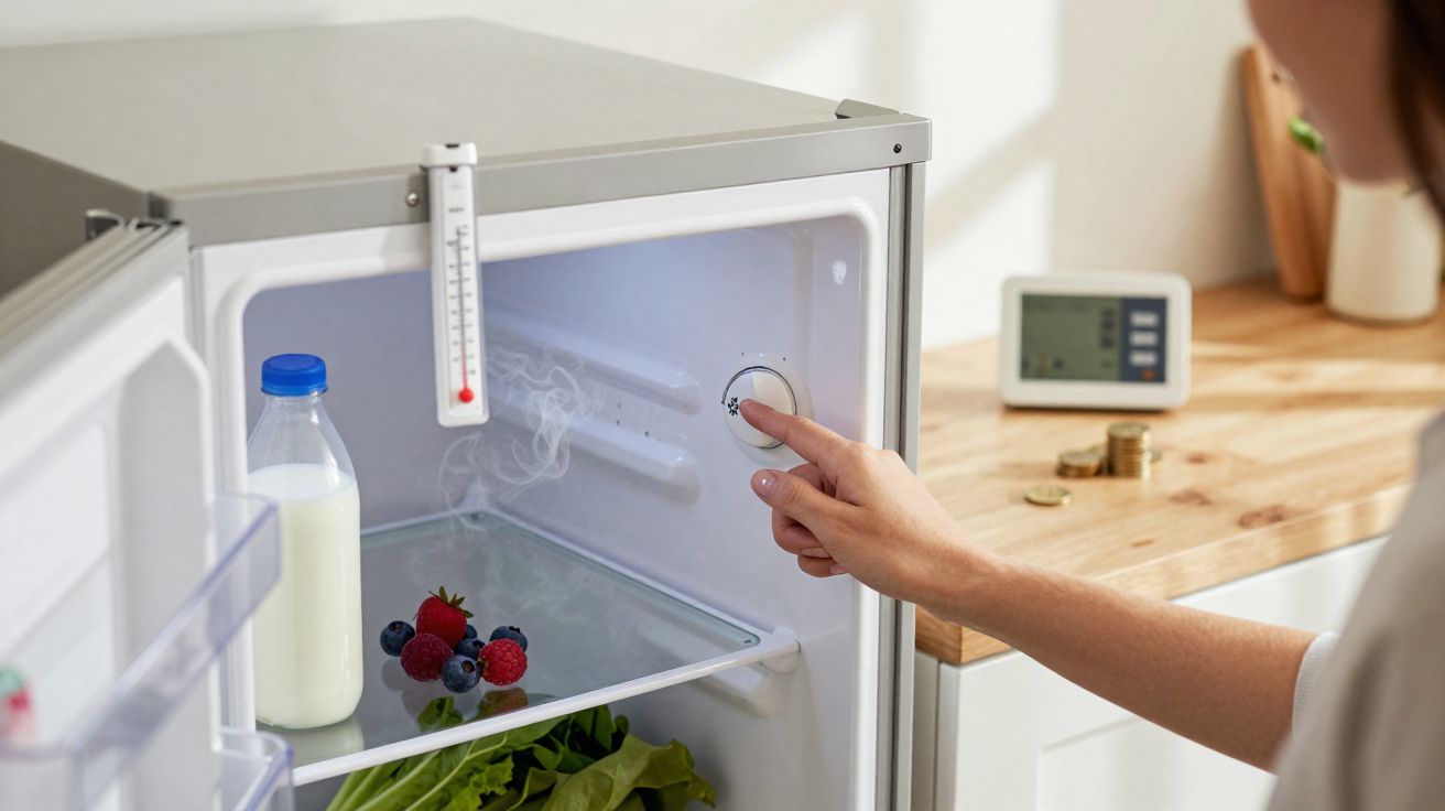 Main réglant la température d'un réfrigérateur ouvert avec lait et fruits à l'intérieur sur fond de cuisine.