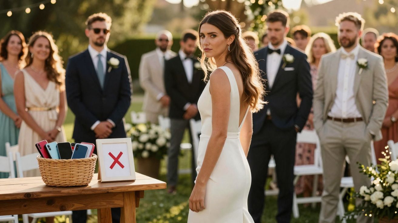 Jeune mariée en robe blanche lors d'une cérémonie en plein air, invités en arrière-plan debout et attentifs.