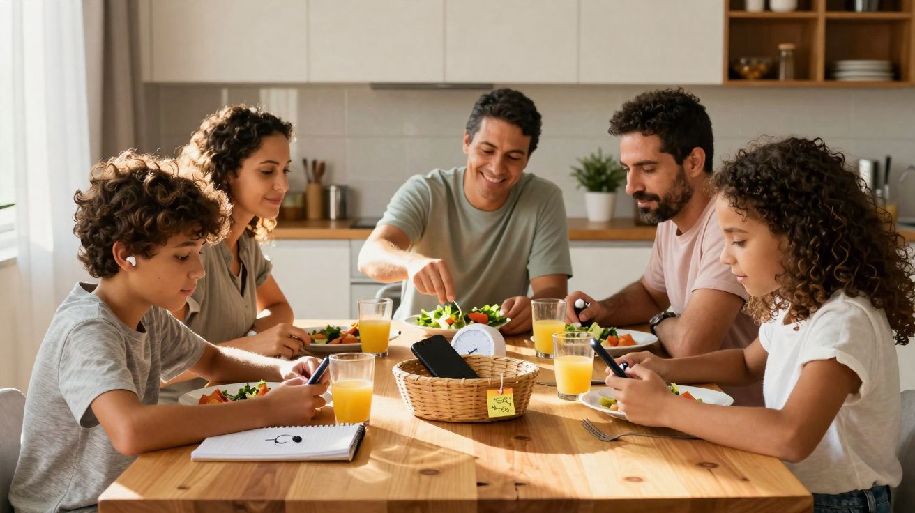 Une famille mange ensemble à table, deux enfants utilisent des téléphones, trois adultes savurent leur repas.