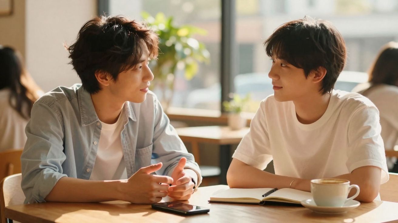 Deux jeunes hommes discutant autour d'une table en bois dans un café lumineux avec une tasse de café et un carnet ouvert.