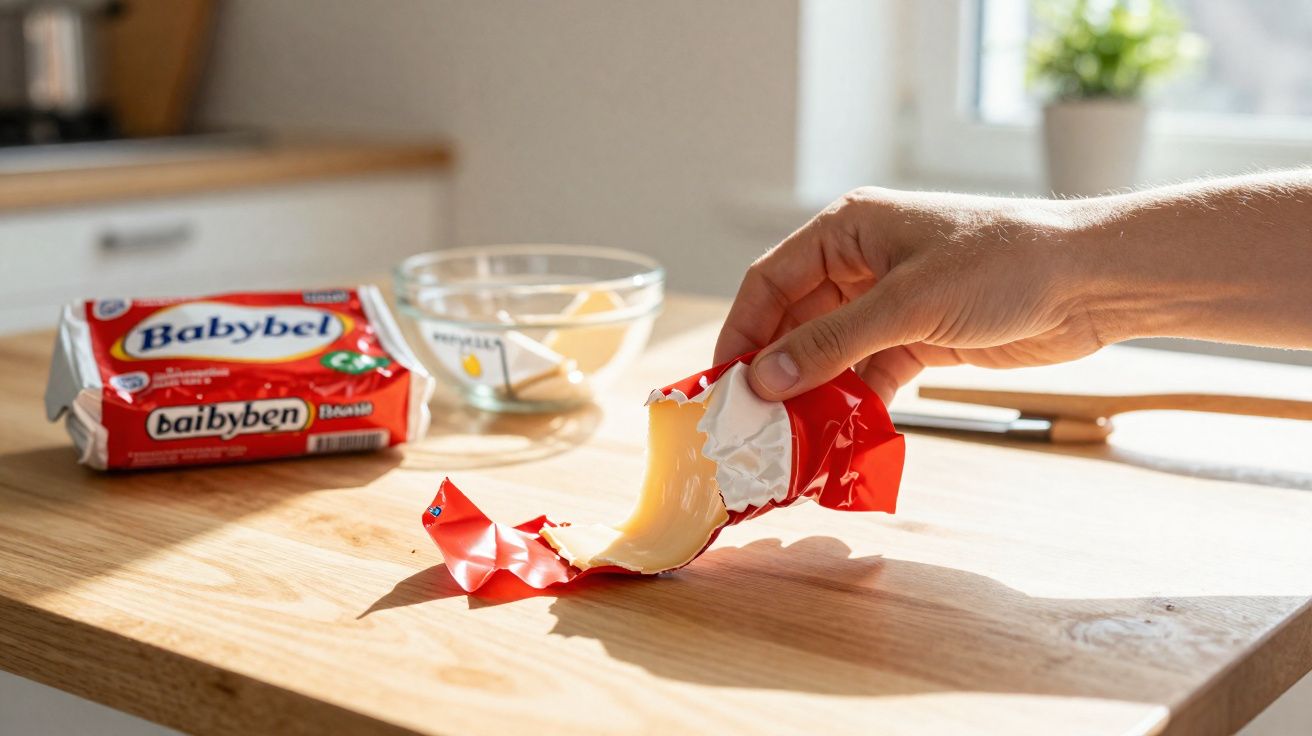 Main déballant un Babybel, fromage rond sur une table en bois avec un bol en arrière-plan.