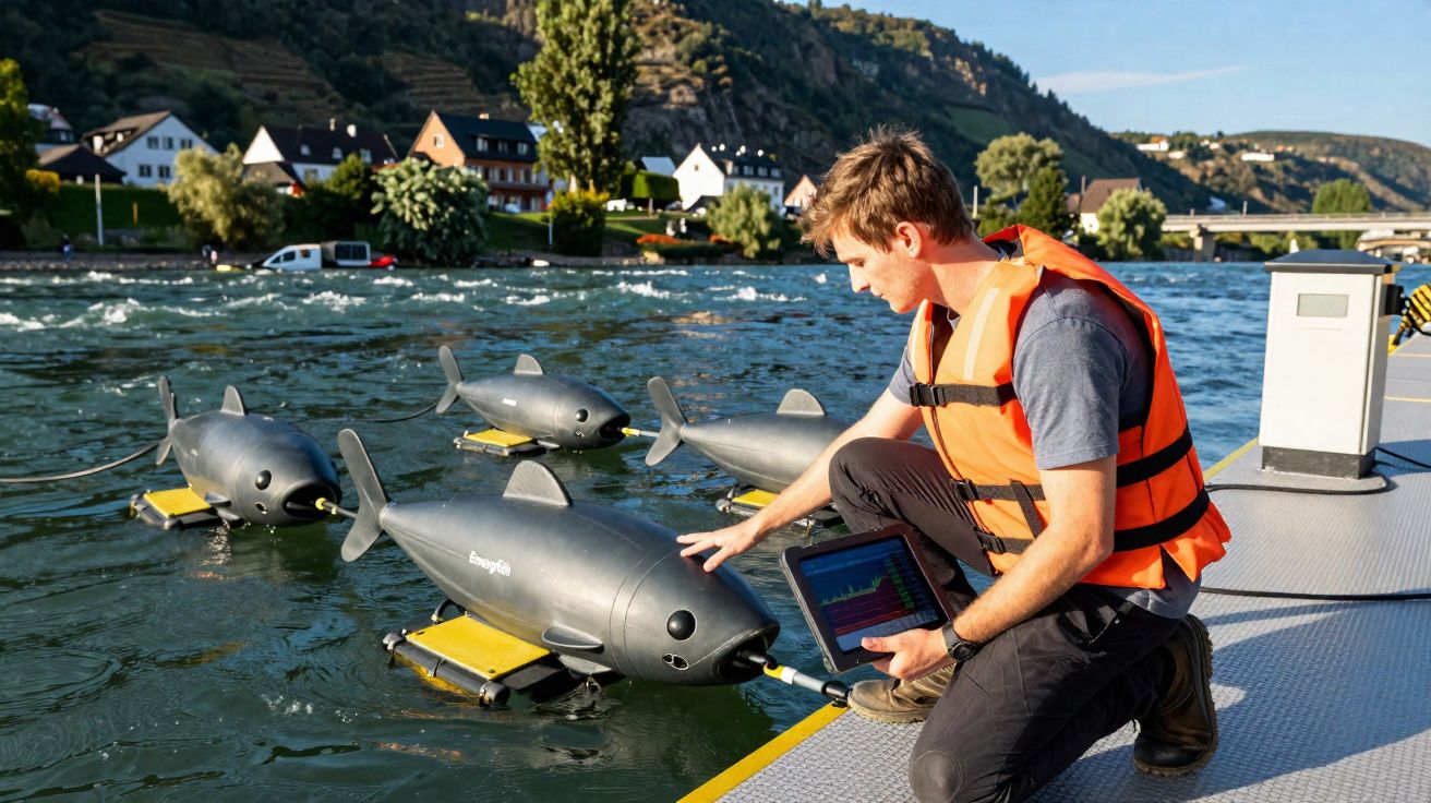 Homme en gilet de sauvetage inspectant des drones sous-marins en forme de poisson sur un ponton au bord d'une rivière.
