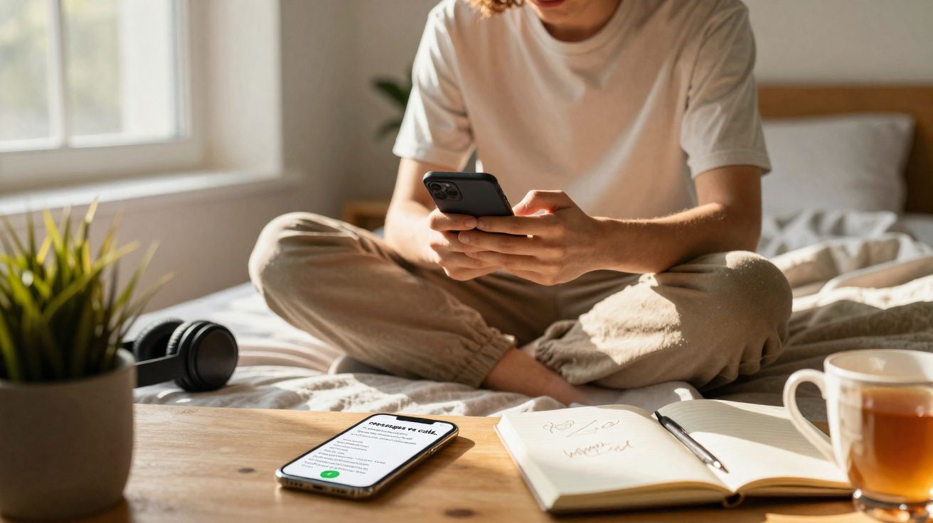 Personne assise en tailleur sur un lit, utilisant un smartphone, avec carnet, stylo et tasse sur une table en bois.