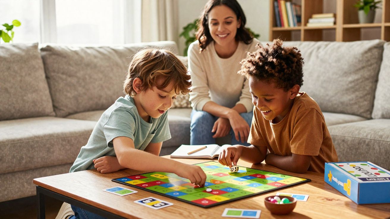 Deux enfants jouent à un jeu de société coloré sur une table, une femme souriante les regarde.