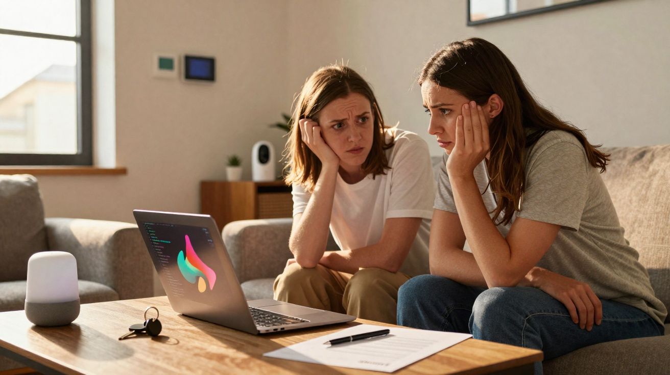 Deux femmes préoccupées regardent un ordinateur portable posé sur une table basse avec des documents.