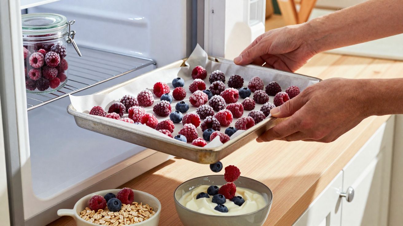 Mains tenant un plat avec fruits rouges congelés au-dessus de bols de yaourt et flocons d’avoine en cuisine.