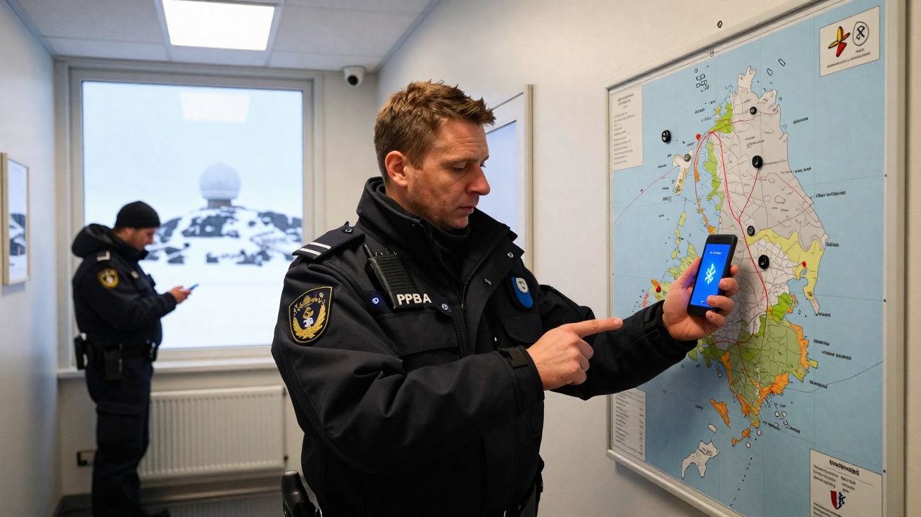 Deux policiers en tenue dans un bureau, l’un montre un téléphone devant une carte murale, l’autre utilise son portable.