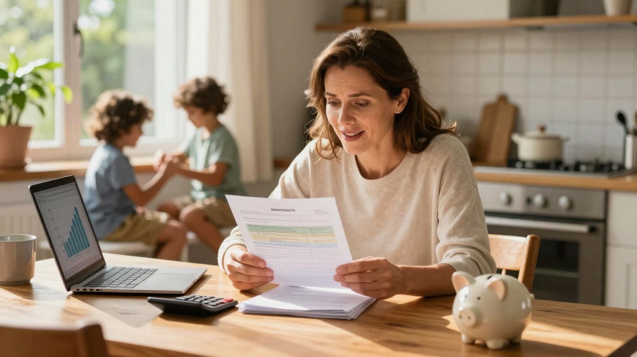 Femme lisant une facture à table avec ordinateur, calculatrice et enfants jouant en arrière-plan.