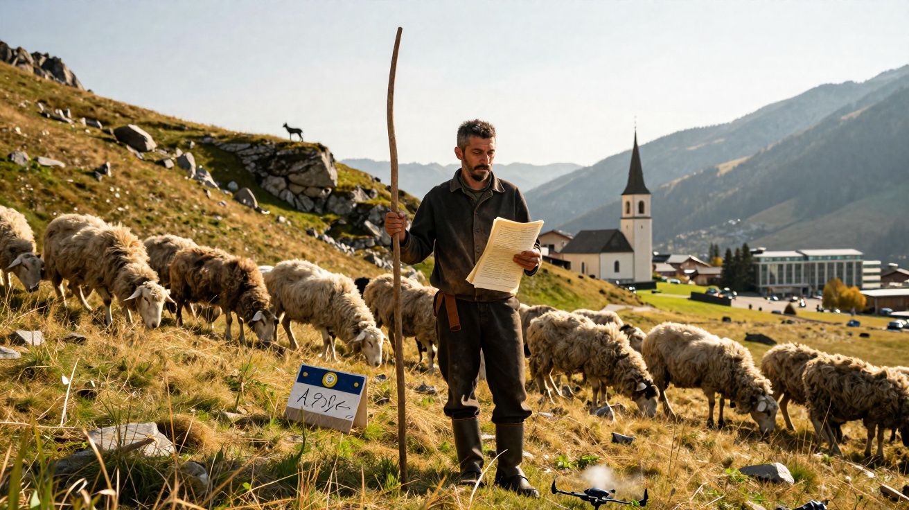 Homme avec bâton et documents surveillant un troupeau de moutons dans un paysage montagneux avec une église en arrière-plan.