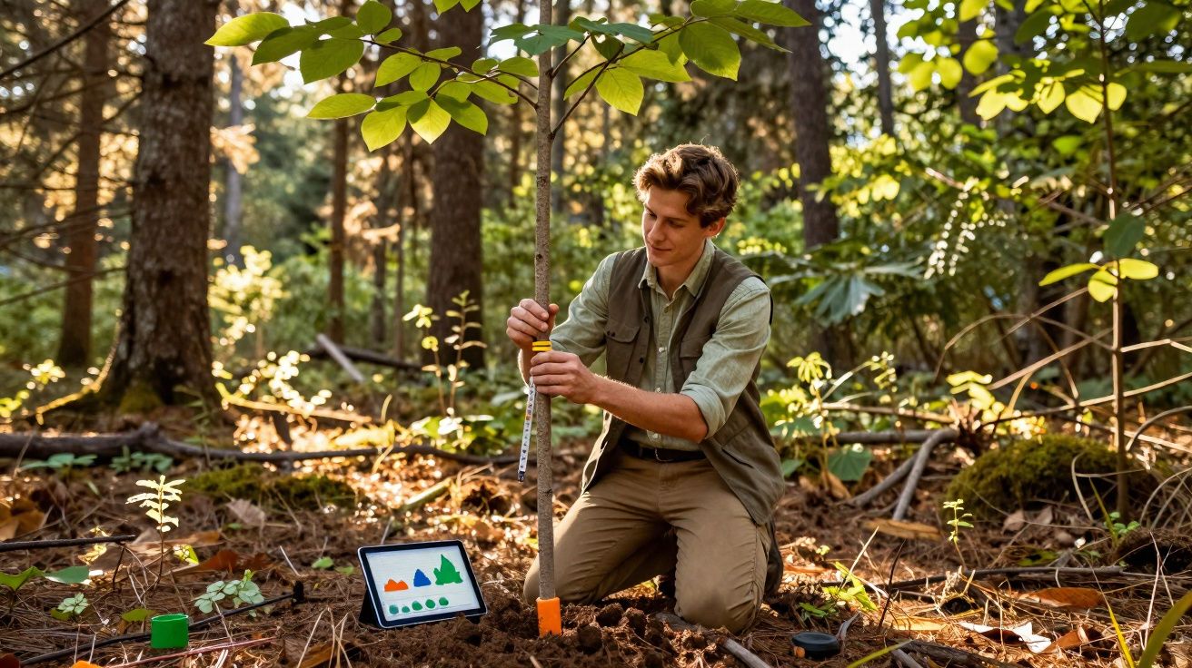 Jeune homme mesurant un jeune arbre dans une forêt avec tablette affichant des données forestières.