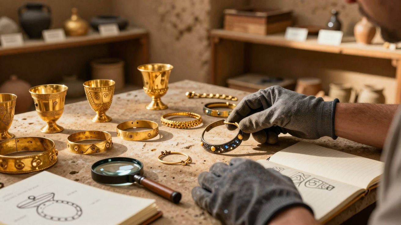 Personne portant des gants manipulant des bijoux anciens en or sur une table d'étude avec une loupe et des croquis.