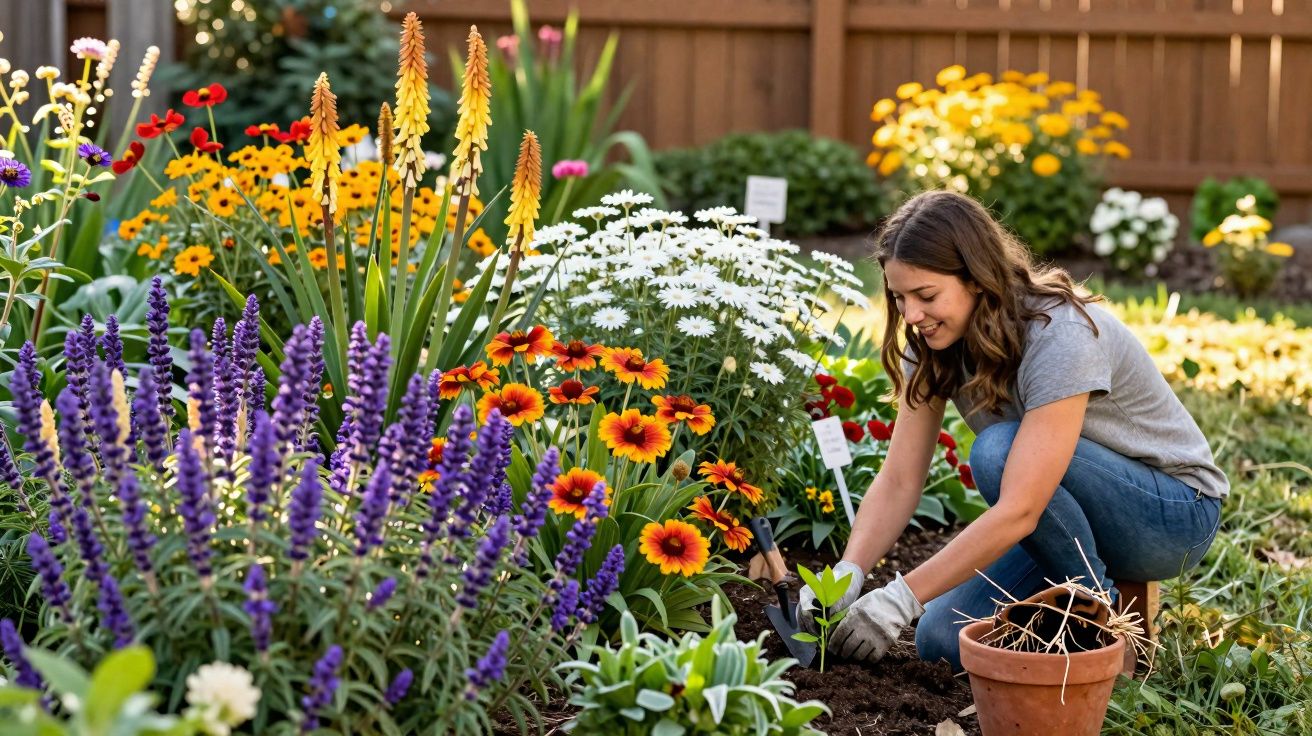 Femme jardinant parmi des fleurs colorées dans un jardin ensoleillé avec une clôture en bois en arrière-plan.