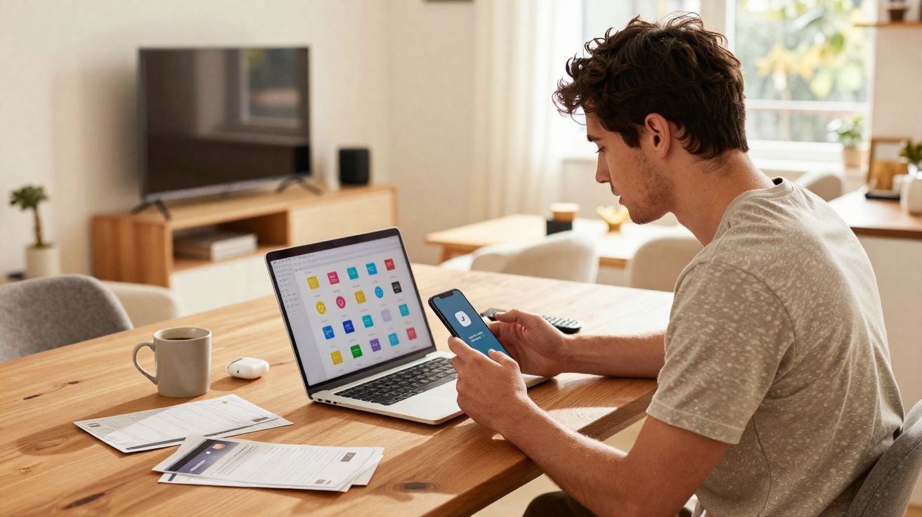 Jeune homme utilisant un smartphone et un ordinateur portable à une table en bois dans un salon lumineux.