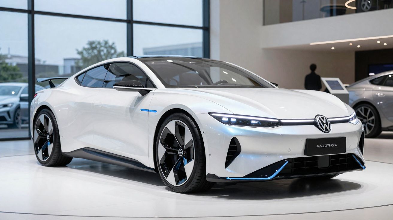 Voiture électrique sportive Volkswagen blanche exposée dans un showroom moderne avec grandes fenêtres.