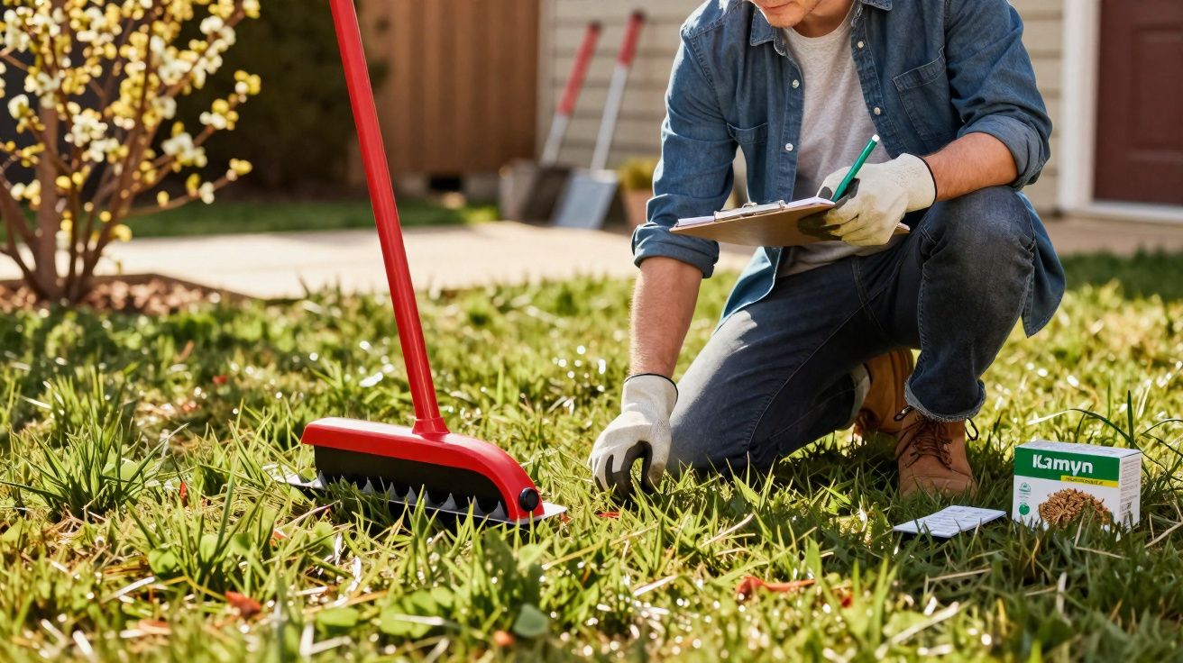 Homme agenouillé dans l’herbe, analysant le sol avec un carnet, un balai rouge et un produit Kamyn à côté.