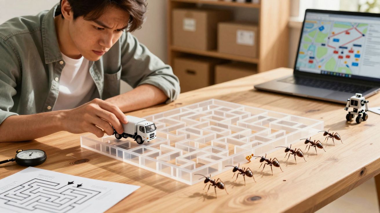Un homme manipule un camion miniature devant un labyrinthe transparent, avec six fourmis alignées et un ordinateur portable.