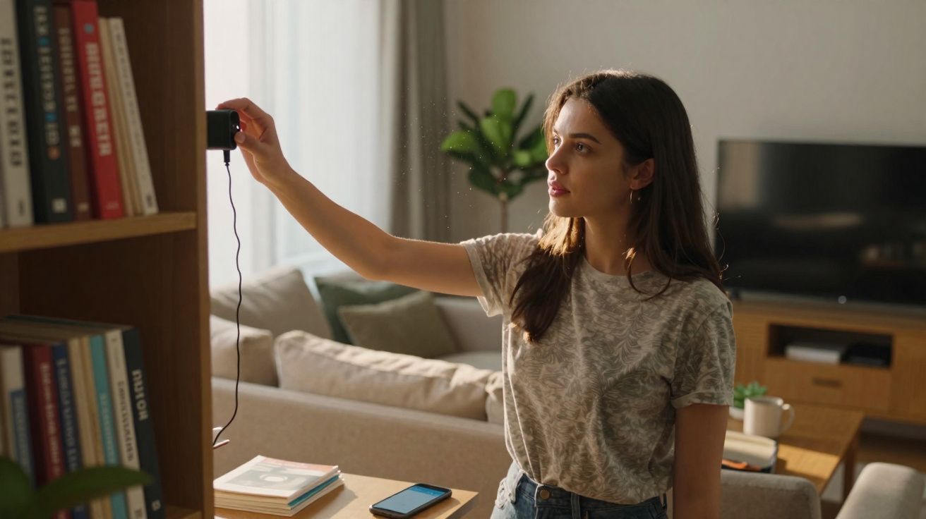 Jeune femme prenant une photo avec un appareil dans un salon lumineux et moderne.