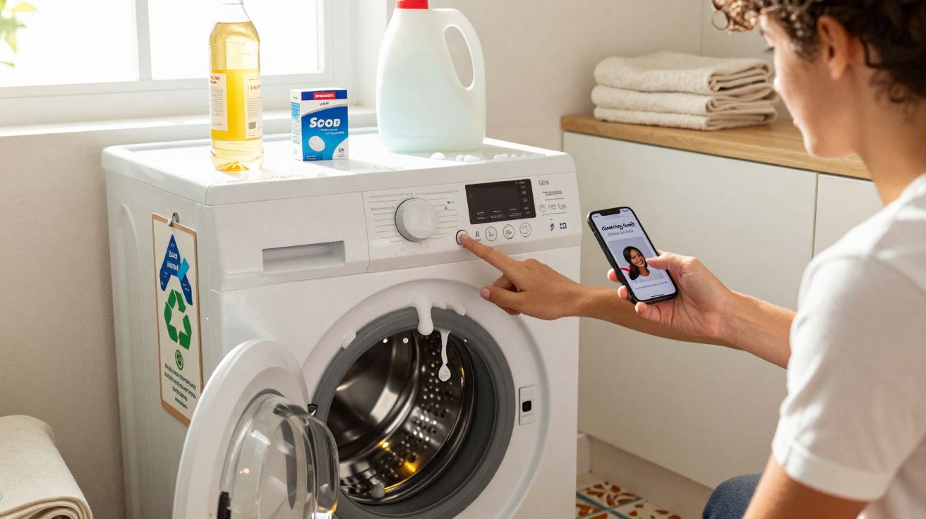 Personne activant une machine à laver avec lessive et produit sur la machine, tenant un smartphone.