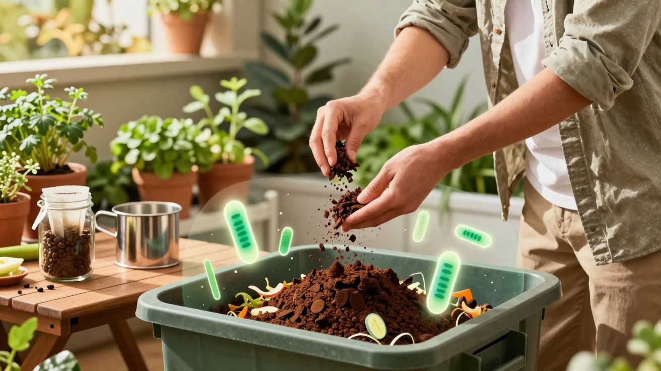 Une personne ajoute du marc de café dans un bac à compost entouré de plantes vertes en intérieur.