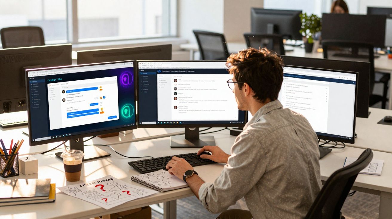 Homme travaillant sur ordinateur avec trois écrans dans un bureau lumineux et moderne.
