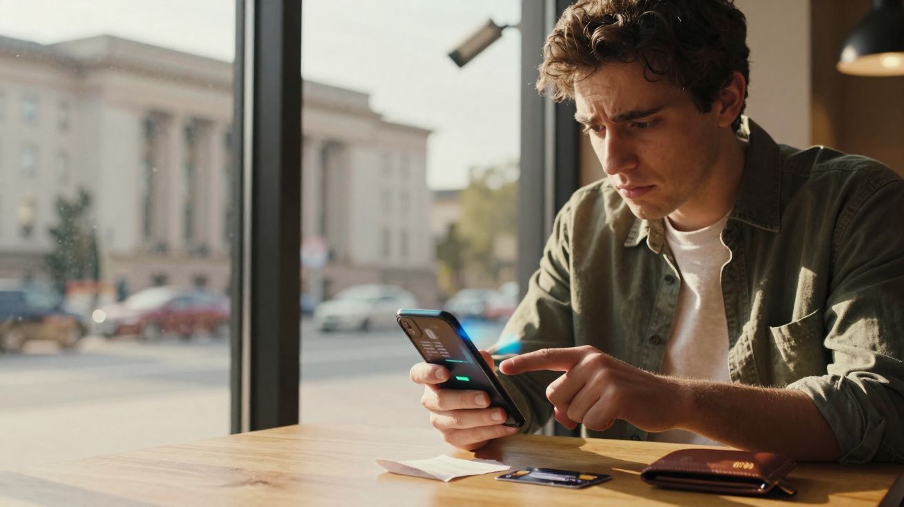 Jeune homme concentré utilisant un smartphone dans un café, avec carte bancaire et reçu sur la table.