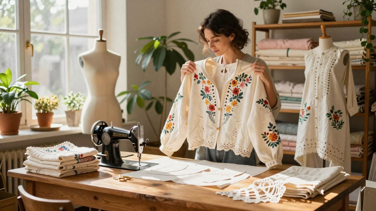 Femme dans un atelier de couture tenant un vêtement brodé, machine à coudre et tissus sur une table en bois.