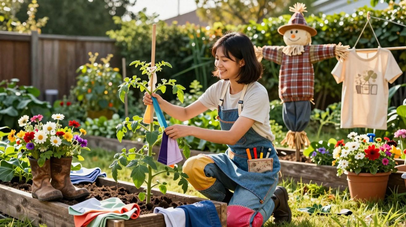 Femme souriante en salopette jardinant, attachant un plant de tomate dans un potager ensoleillé.
