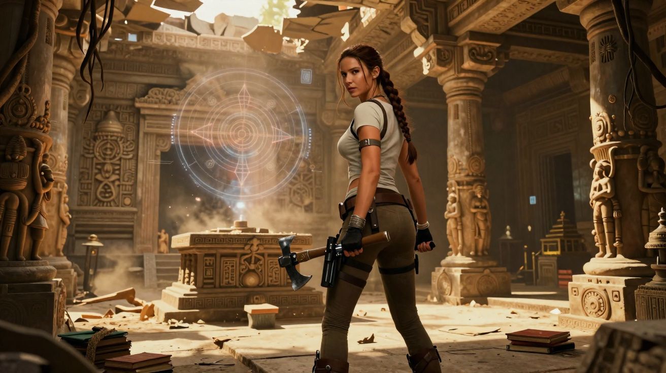 Femme exploratrice dans un temple ancien avec des sculptures, tenant une hache et un pistolet, devant un hologramme lumineux.