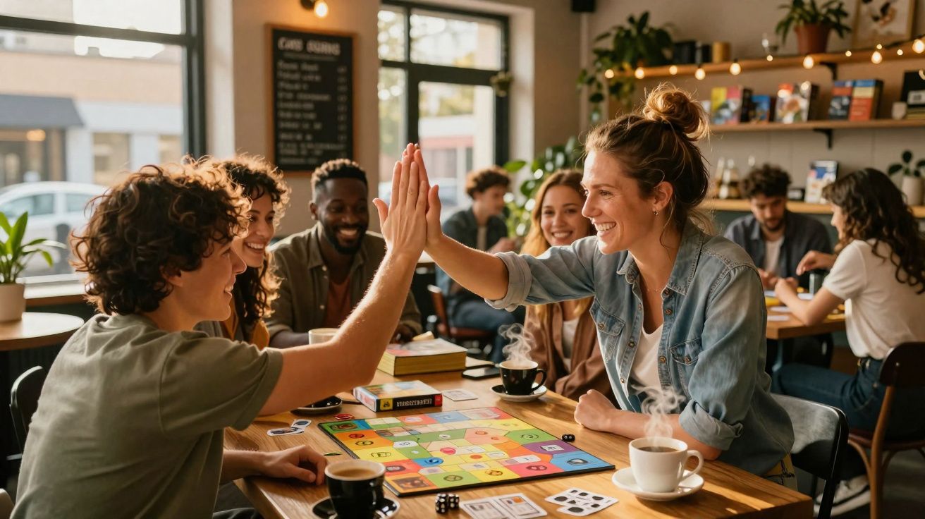 Groupe d'amis heureux jouant à un jeu de société et se tapant dans la main dans un café convivial.