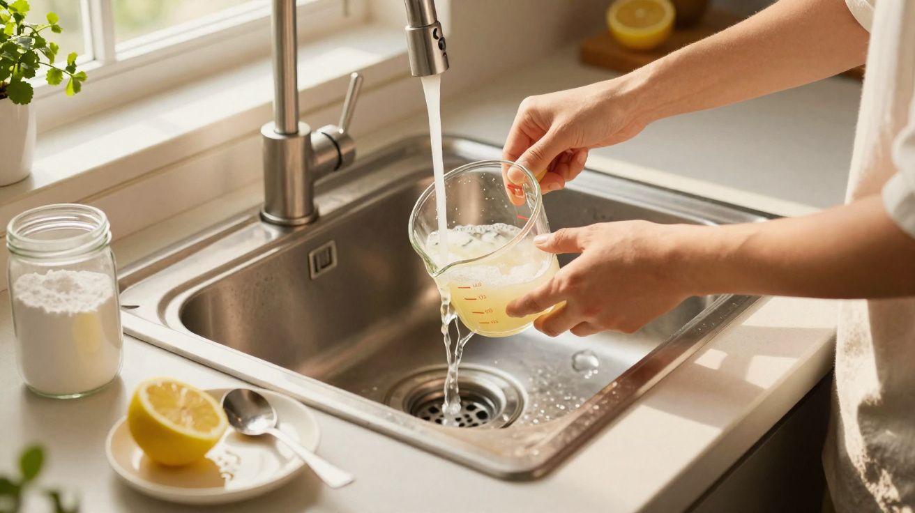 Personne vidant un mélange liquide dans un évier inox sous un robinet avec de l'eau coulant.