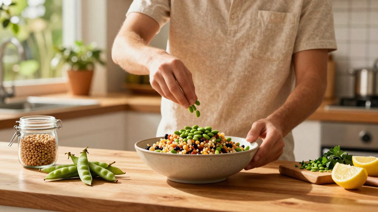 Personne ajoutant des fèves vertes à un bol de salade de légumes sur un plan de travail en bois.