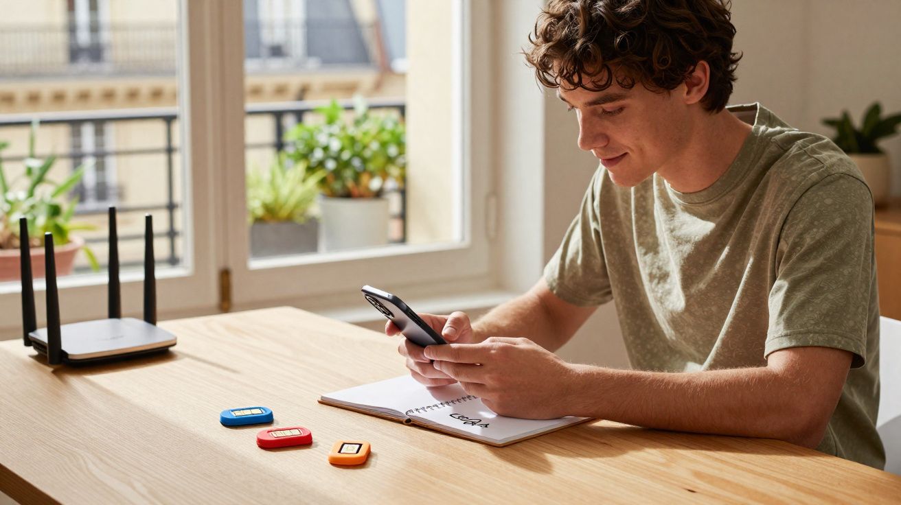 Jeune homme utilisant un smartphone assis à une table avec des objets électroniques et un carnet ouvert.
