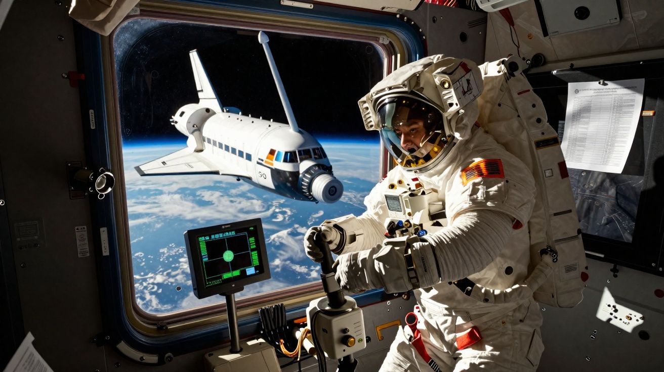 Astronaute en combinaison spatiale contrôlant un module à bord d’un vaisseau avec la Terre et une navette en arrière-plan.